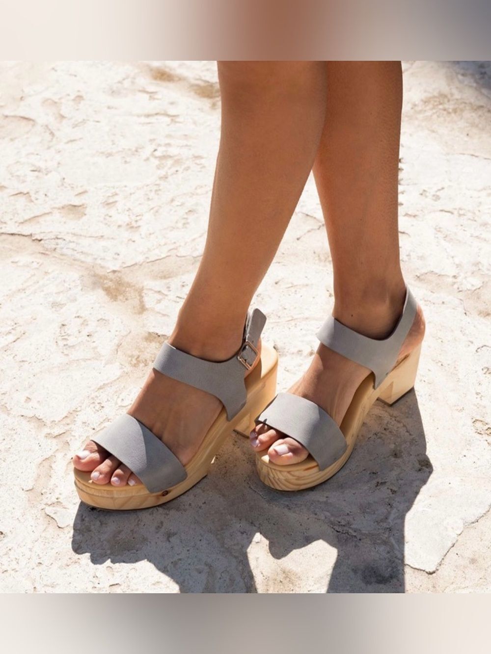 New Nisolo Gray Leather Platform Wedge Sandals Ankle Strap Heel Comfort Shoes 7